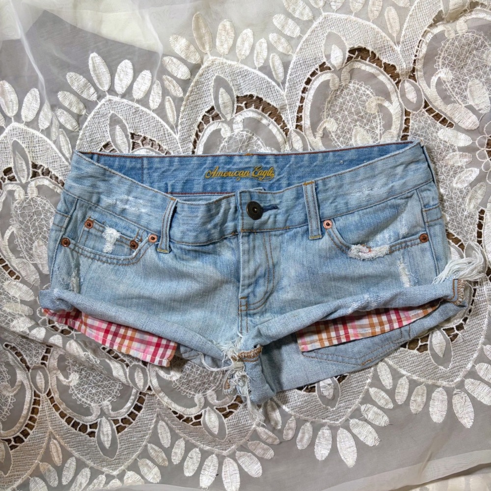 American Eagle Y2K Indie Shorts Light Wash Plaid Lining Low Rise Size 0
